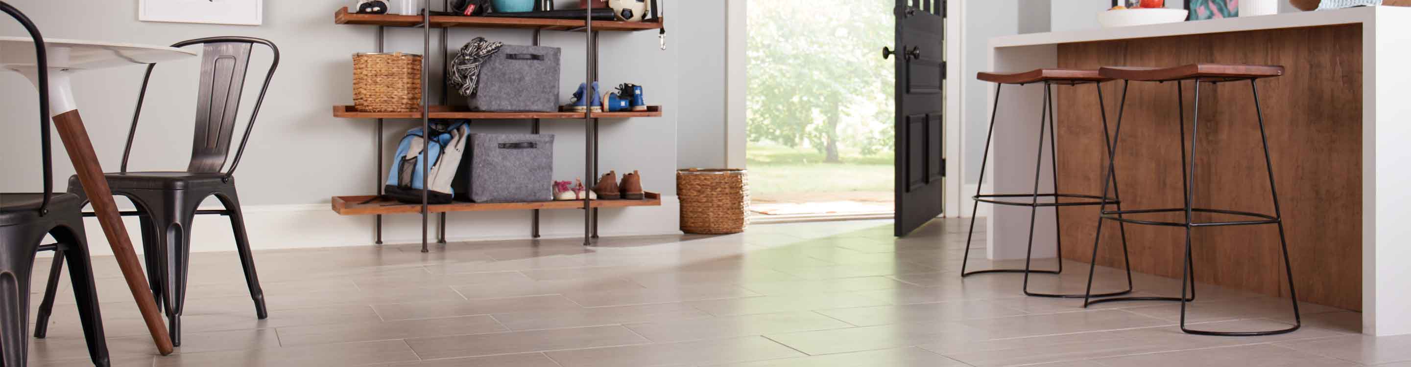 large-format light brown tile in kitchen